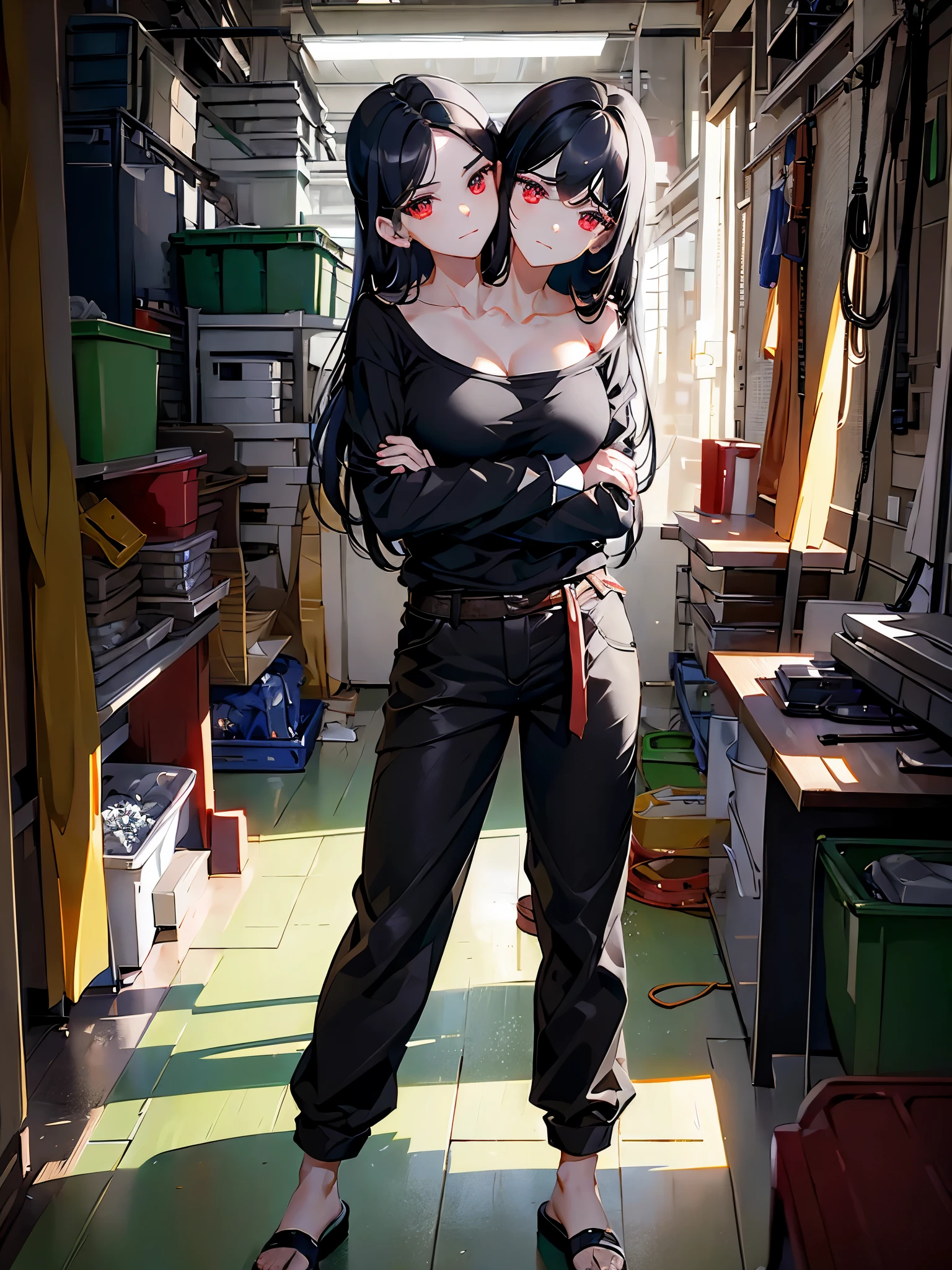 (masterpiece, best quality), best resolution, (2heads:1.5), 1girl, black hair, red eyes, rolling eyes at viewer, arms crossed, black shirt, brown long pants, inside a workshop