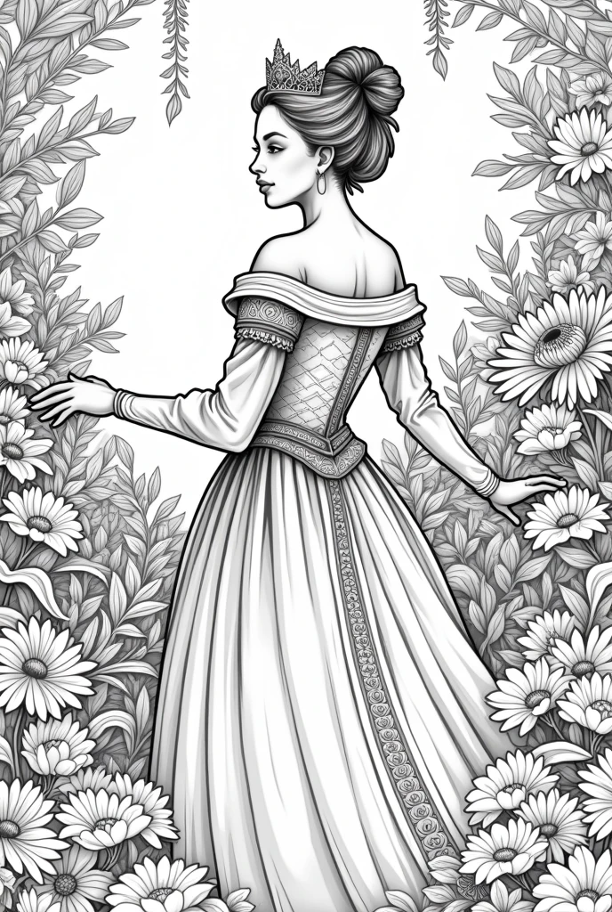 Lady queen shopping flowers background coloring book pages black and white high details