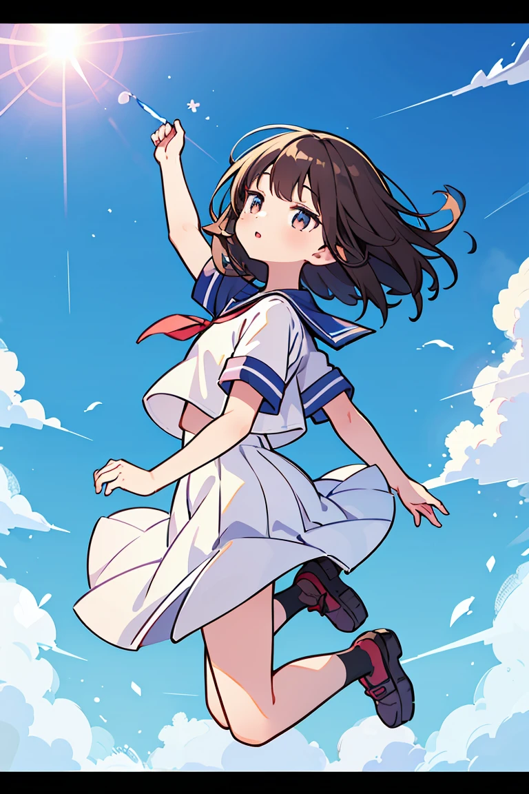 (masterpiece, best quality),1girl, solo, outdoors, letterboxed, , day, sky, looking up, short sleeves, parted lips, shirt, cloud, black hair, sunlight, white shirt, serafuku, full body, from side, brown hair, blue sky, depth of field, jump
