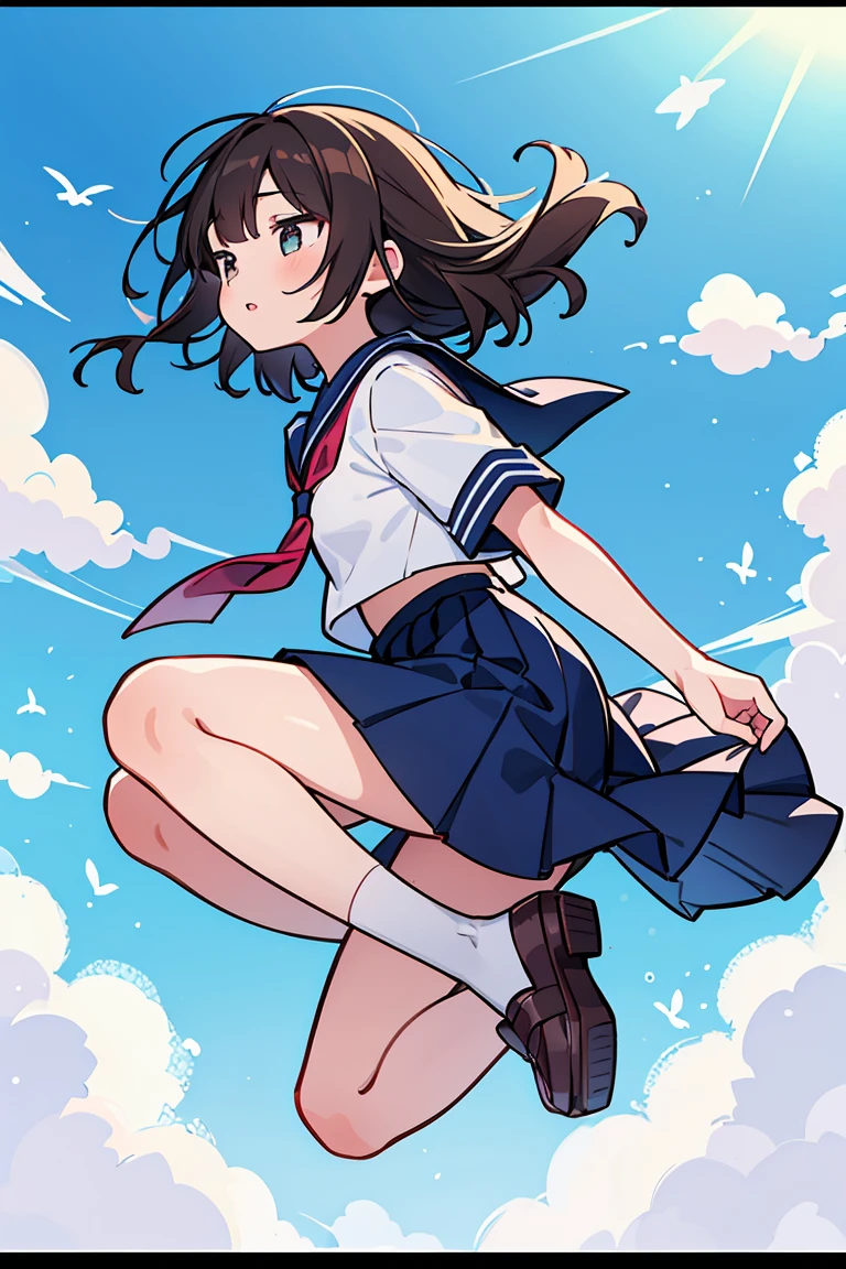  (masterpiece, best quality),1girl, solo, outdoors, letterboxed, , day, sky, looking up, short sleeves, parted lips, shirt, cloud, black hair, sunlight, white shirt, serafuku, full body, from side, brown hair, blue sky, depth of field, jump