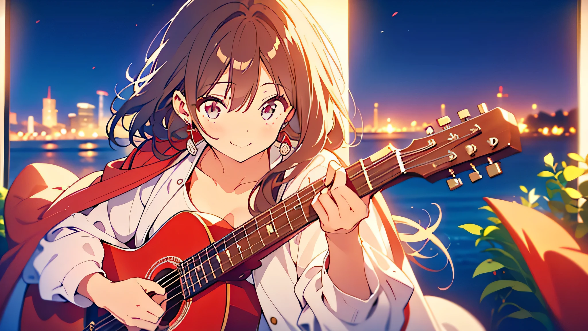 masterpiece,full body, 1girl ,brown hair, long hair,straight hair,hair pulled back,hand in own hair,red coat, white dress, finely detailed eyes and detailed face,smile,simple background,earrings,Time is night。At a fairly far distance、17 years old,  holding an acoustic guitar