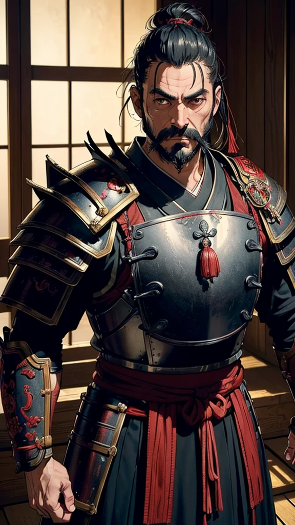 (masterpiece, Highest quality:1.4), 8k, High resolution, (Photorealistic:1.2), Very detailed, Detailed skin, Beautiful attention to detail, Perfect Anatomy, alone, male, Japanese, 5, warrior, Black-haired, (Muscular), moustache, beard, Chin hair, Side Lock, Topknot, Crazy Eyes, anger, (Red detailed armor, Red detailed samurai armor, Black detailed chest armor), Japanese clothes, In an old wooden room, Fluorescent lamp, Cinema Lighting, Shadows in the movie, (View your viewers:1.4),Cowboy Shot