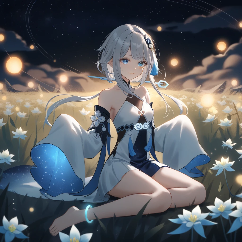 1girl, guizhong_\(genshin_impact\),light grey hair,short_hair_with_long_locks,starry_sky_print,detached_sleeves, long sleeves_past_fingers,hanfu,illustrated by matsuryuu and agahari and dsmile,pale blue eyes,stunning field of softly glowing blue and white glaze lilies,night scene,gentle smile,moonlight,glossy lips,vivid anime coloring,cel shading,smooth, soft dreamy focus,anklet,halter_top,white clothes,highly detailed,digital painting,field of flowers,bare_shoulders,wlop,barefoot,cool night tones, magical night scene,masterpiece, best quality, film, bokeh, professional, 4k, highly detailed,fireflies,Guardian nebula of rainbow light and silvery vapor,