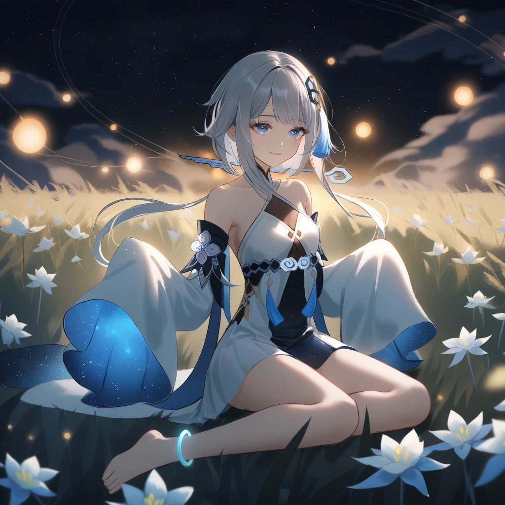 1girl, guizhong_\(genshin_impact\),light grey hair,short_hair_with_long_locks,starry_sky_print,detached_sleeves, long sleeves_past_fingers,hanfu,illustrated by matsuryuu and agahari and dsmile,pale blue eyes,stunning field of softly glowing blue and white glaze lilies,night scene,gentle smile,moonlight,glossy lips,vivid anime coloring,cel shading,smooth, soft dreamy focus,anklet,halter_top,white clothes,highly detailed,digital painting,field of flowers,bare_shoulders,wlop,barefoot,cool night tones, magical night scene,masterpiece, best quality, film, bokeh, professional, 4k, highly detailed,fireflies,Guardian nebula of rainbow light and silvery vapor,