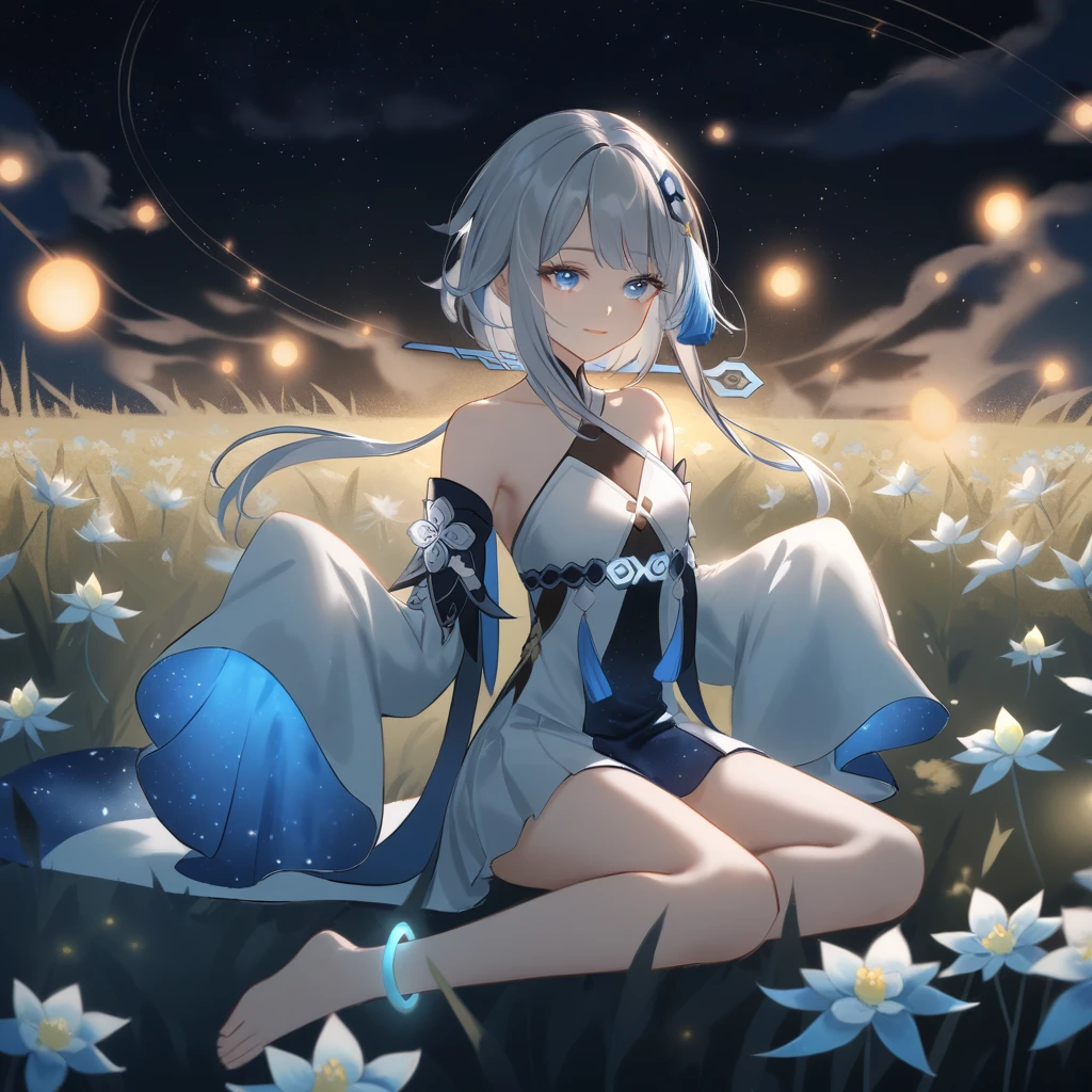 1girl, guizhong_\(genshin_impact\),light grey hair,short_hair_with_long_locks,starry_sky_print,detached_sleeves, long sleeves_past_fingers,hanfu,illustrated by matsuryuu and agahari and dsmile,pale blue eyes,stunning field of softly glowing blue and white glaze lilies,night scene,gentle smile,moonlight,glossy lips,vivid anime coloring,cel shading,smooth, soft dreamy focus,anklet,halter_top,white clothes,highly detailed,digital painting,field of flowers,bare_shoulders,wlop,barefoot,cool night tones, magical night scene,masterpiece, best quality, film, bokeh, professional, 4k, highly detailed,fireflies,Guardian nebula of rainbow light and silvery vapor,