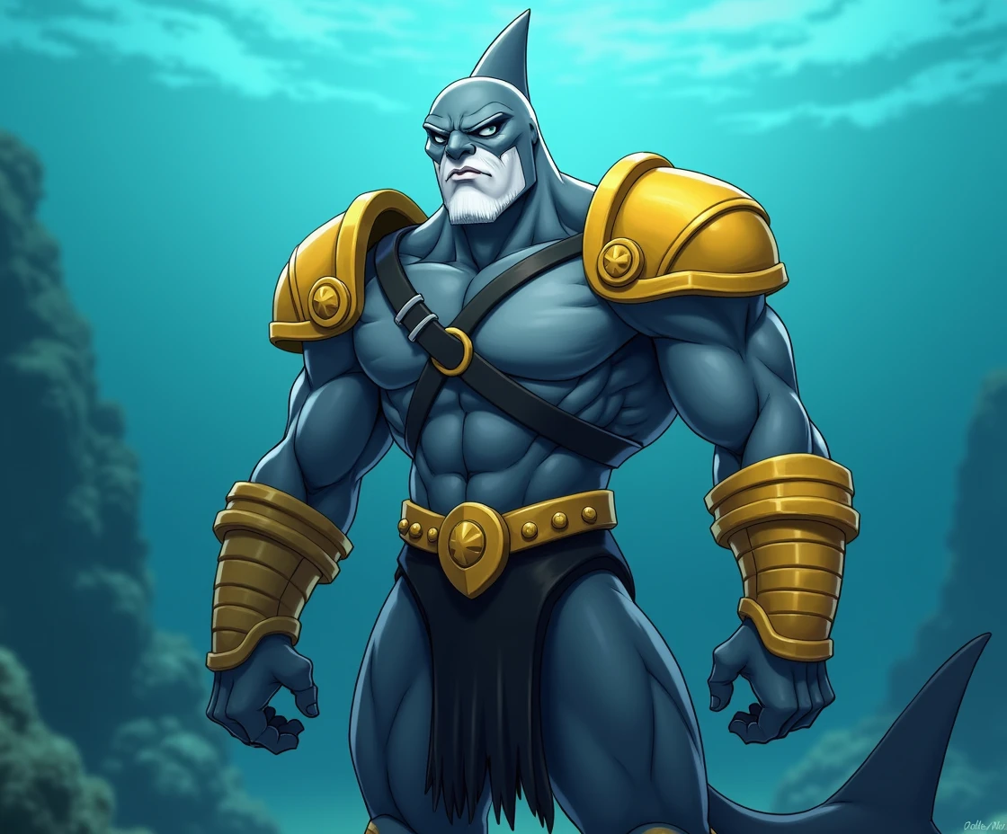 General Kain from Paddle Pop Atlantos series, large grey shark warrior, handsome, extremely beautiful face, white low part face, grey high part face, muscular body, hot, yellow body armor til the waist, two muscular arms with four fingers on both, black shoulder pads, yellow protective bracers on both arms from elbow to wrist, only black long shark tail without any legs, underwater