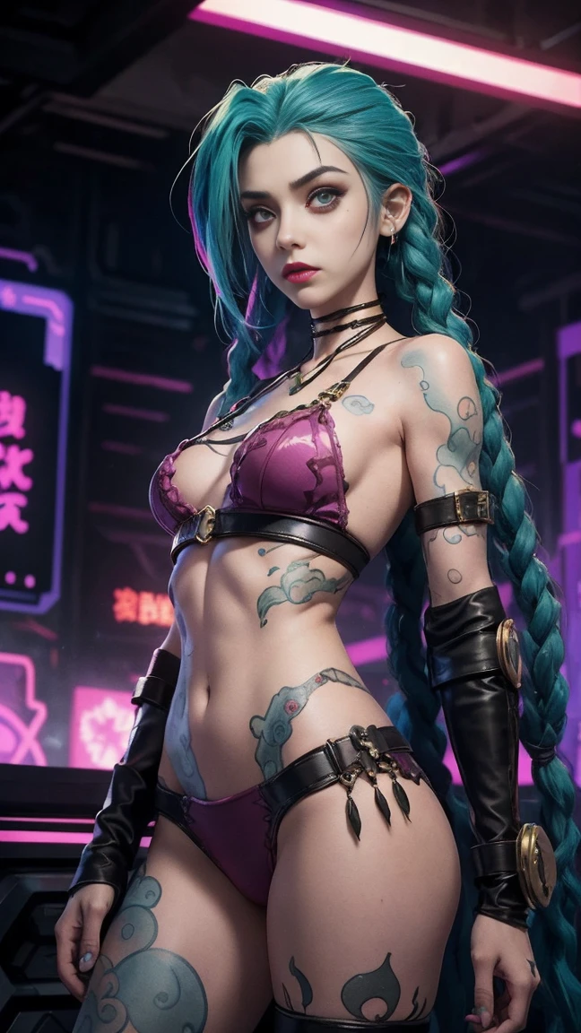 jinx arcane, uma mulher com hair green e tatuagens, cyberpunk woman anime woman, pants, Beautiful angry cyberpunk goddess, cyberpunk artstyle, cyberpunk anime digital art, cyberpunk anime art, Arcane Jinx Retrato, cyberpunk anime art, cyberpunk themed art, cyberpunk dark fantasy, arcane style, 1 girl, stars tattoo on arm, asymmetrical bangs, bangss, hair green, green braids, brown shirt, stars tattoo, sideways, hair green, long hair, pink eyes, Red lips, standing , cloud tattoo, Twin braids. Arcane Jinx. Garota de hair green, garota de Twin braids, Jinx in a burning place, spark, spheres of light, Film Poster, Jinx, Arcane\(league of legends\  ((Lace lingerie))