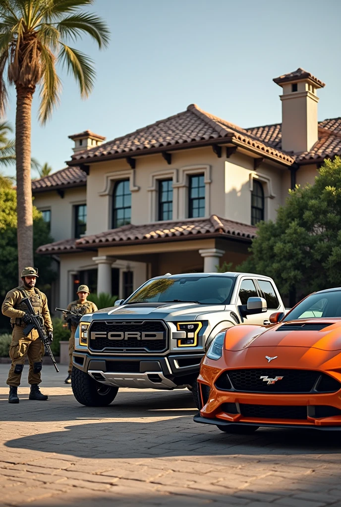 Photo of a gray Ford Raptor and an orange Corvette in a mansion with armed people and long weapons