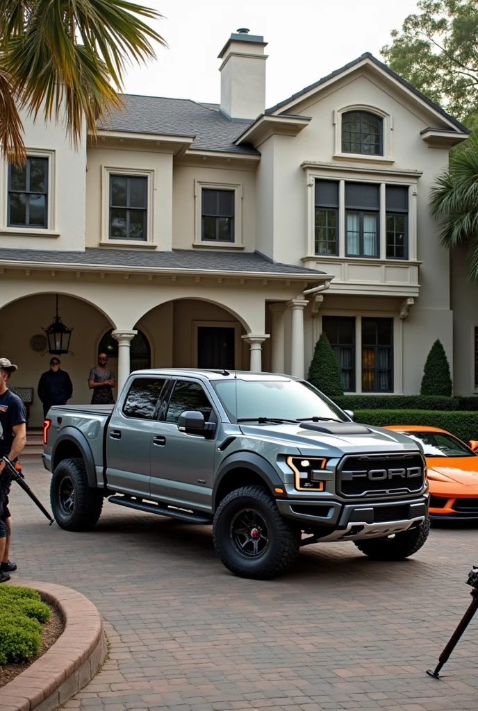 Photo of a gray Ford Raptor and an orange Corvette in a mansion with armed people and long weapons