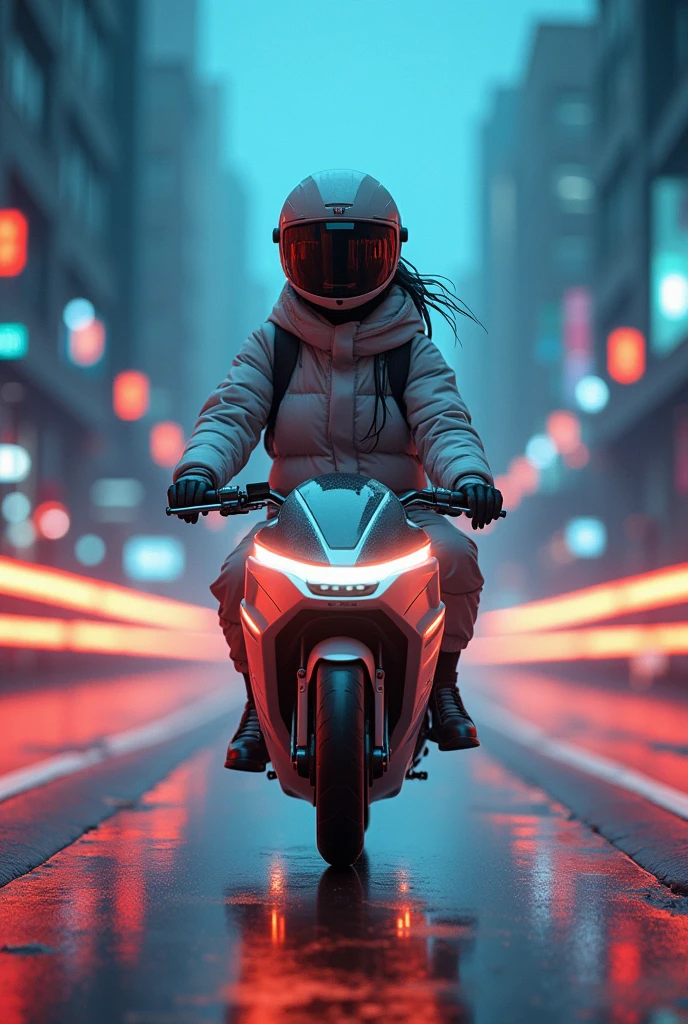 photorealistic in the future world of a{girl going to campus wearing fashionable sci-fi clothes, wired connected to her gadget in hand, riding an autonomous personal vehicle hovering in the street}futuristic helmet with all cables connected in her backpack, dynamic cinematic motion, light flash trail behind her, amazing interstellar background, front view, low angle shot, slow shutter shot F/1.3 ISO 200