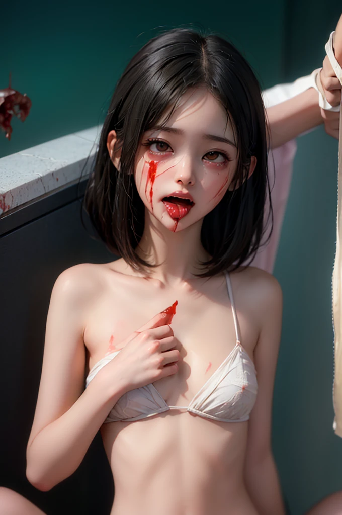 Highest quality, masterpiece, look up, cute,(Horror),(((少女の美しいzombie))),((zombie)),((This girl is dead)),(Being attacked),Trying to bite,(((Bleeding,Injured))),(((Shedding tears of blood))),((Bloodbath)),((口からBleeding)),((Covered in blood)),(A body covered in wounds),((zombieに身体中を噛みつかれた)),((Sexy)),(sexy),((Small breasts)),(Baby Face),(Bobcut),(((Masturbation))),((semen)),Beautiful Style,(((Lower body exposed))),(((Pale skin))),((Sensual look)),Sexy表情,Expressions of delight,((fearと快楽の表情)),((Ahegao)),(Dark atmosphere),(Dark atmosphere,fear),((Dim lighting))