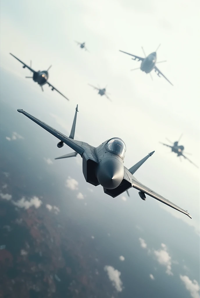 A picture of battle field where fighter aircrafts are flying and those are seen from ground view,but battle ground is vacant and no man or weapon with white sky
