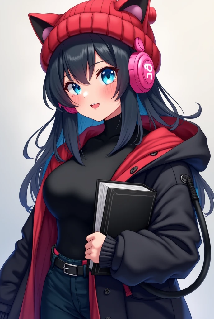 anime girl with glasses,blue eyes black hair,red winter hat,black book and pink headphones with cat ears and no skirt black clothes with a tooth out fat thighs.
