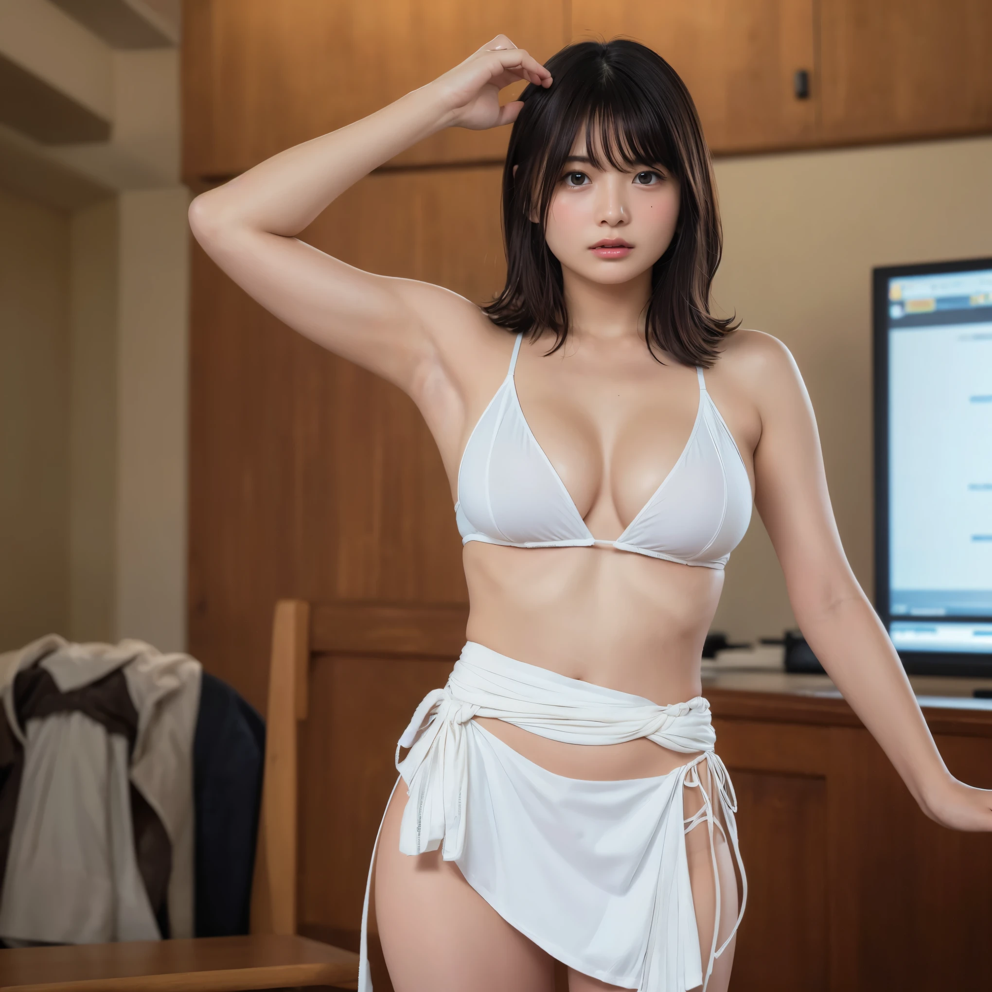 Highest quality:1.4,masterpiece:1.4,Realistic:1.4,Realistic:1.2,超High resolution, RAW Photos:1.4,High resolution, Very detailed:1.2,8k:1.2,check,a photo of a dark-haired,One Girl,alone,Big Breasts,Upper Body:1.3,Medium Hair,Background Blur、whole body、good、Upper Bodyは法被姿、((Pure white Etchu loincloth))、((Showing off your loincloth))、Buttocks exposed、Sacred Rites