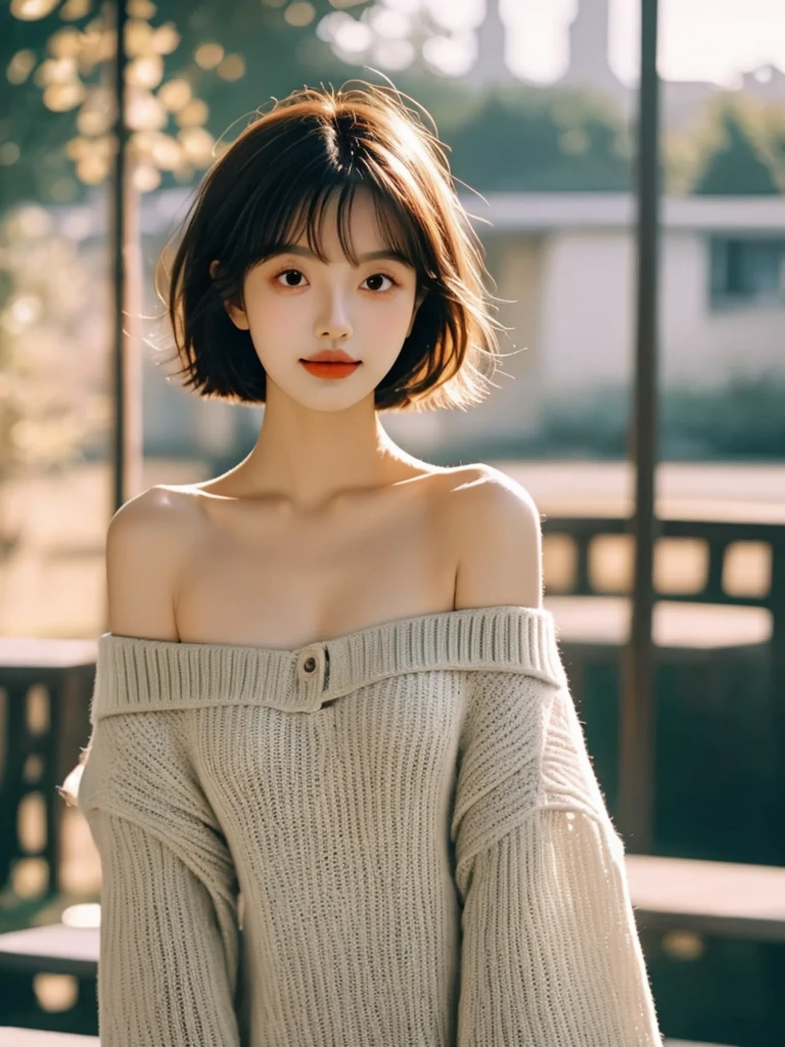 best quality, masterpiece, Ultra-high resolution, (Reality:1.5), RAW photos, 1 Girl, Off-shoulder, in the darkness, Deep Shadows, Low profile, Cold Light, Sexy look, short hair