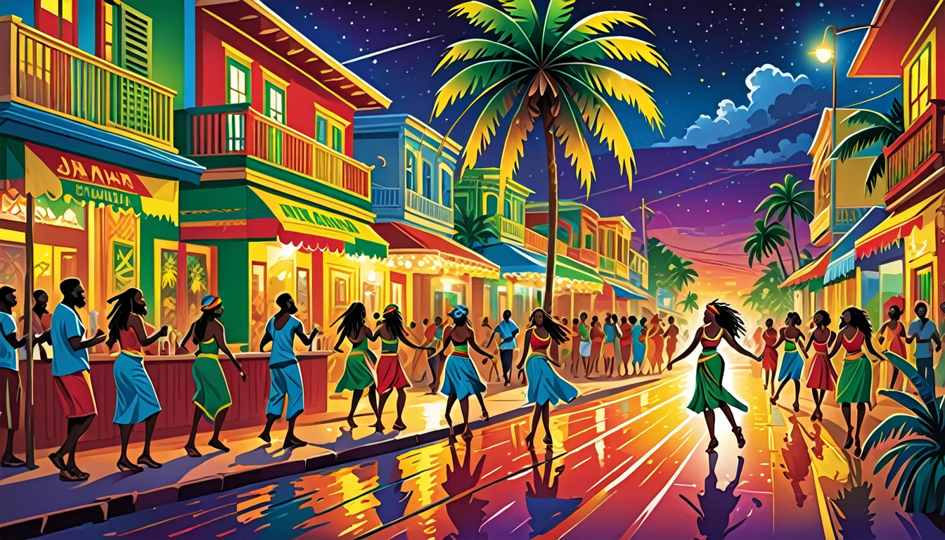 Vector art, Lots of Jamaican Reggae, Authentic Jamaican reggae music atmosphere, Chic colors,Attention to detail, 
Streetscape,Shield of David,Rastafarian,Full Luster Color,Palm tree,Half of the beach.City of night,Dancer