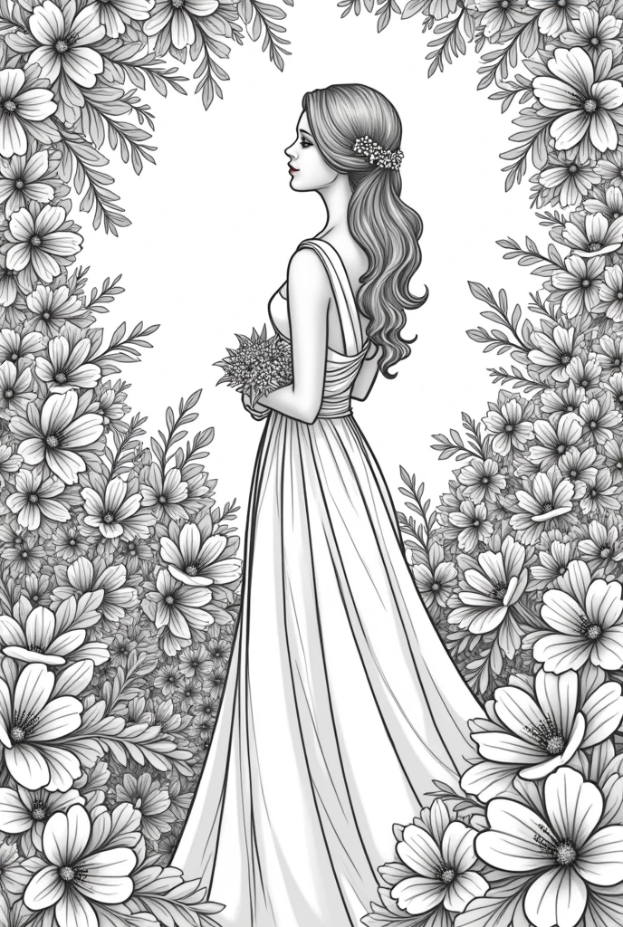 Lady queen shopping flowers background coloring book pages black and white high details