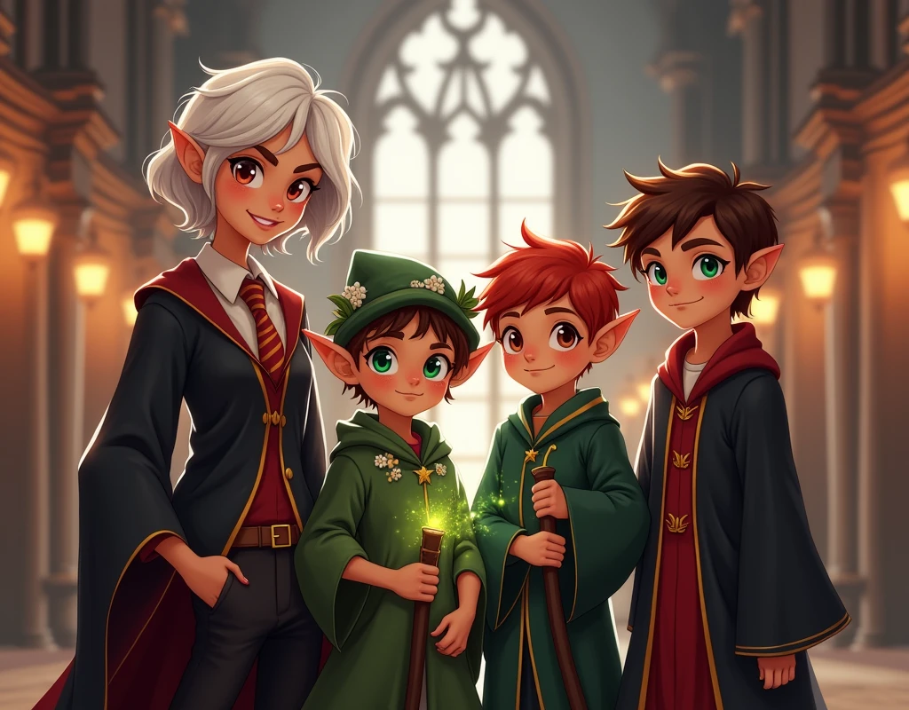 Create an image featuring four characters standing together in a grand, magical academy's hall. The first character is a confident young woman with short, wavy white hair and bright red eyes, wearing a black robe with red and gold lining over a white shirt and red-striped tie. She has a mischievous smile. The second character is a small, youthful elf with large green eyes, short brown hair, wearing a green cloak and hat adorned with leaves and white flowers, holding a magical staff, and glowing with nature magic. The third character is a boy with bright red hair, green eyes, and freckles, dressed in a dark green and black robe, standing with a serious expression. The fourth character is a boy with short, dark brown hair, green eyes, and wearing a red and gold robe, smiling warmly. They are standing together in a large, Gothic-style hall with tall arched windows and warm lighting, symbolizing their unity and diverse magical backgrounds.