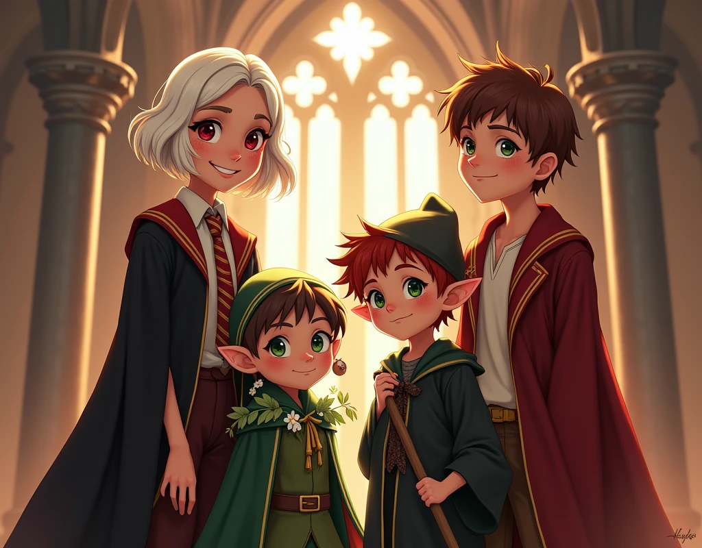 Create an image featuring four characters standing together in a grand, magical academy's hall. The first character is a confident young woman with short, wavy white hair and bright red eyes, wearing a black robe with red and gold lining over a white shirt and red-striped tie. She has a mischievous smile. The second character is a small, youthful elf with large green eyes, short brown hair, wearing a green cloak and hat adorned with leaves and white flowers, holding a magical staff, and glowing with nature magic. The third character is a boy with bright red hair, green eyes, and freckles, dressed in a dark green and black robe, standing with a serious expression. The fourth character is a boy with short, dark brown hair, green eyes, and wearing a red and gold robe, smiling warmly. They are standing together in a large, Gothic-style hall with tall arched windows and warm lighting, symbolizing their unity and diverse magical backgrounds.