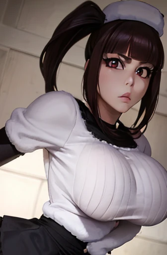 (masterpiece, Detailed Image,detailed picture) Sexy Riruka Dokugamine in her dress and hat, bleach girl, top quality, 16 thousand, ultra-detailed, black stockings, girl stands posing with her hand on her waist, beautiful Riruka Dokugamine, Big breasts, bitch face, attention to the tight stockings