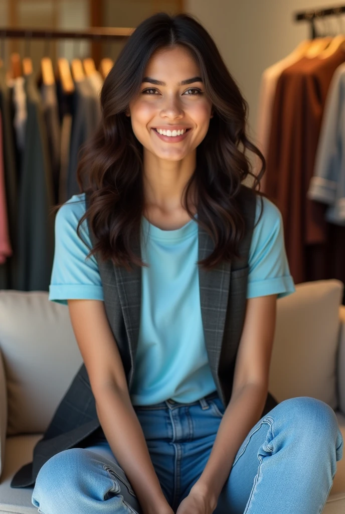 Beautiful Indian girl with wavy long hair, fair & crisp clear skin, sky blue collar tshirt and charcoal waistcoats and sky jeans, and showing it to tHE CAMERA WITH SMILE, SITING ON SOFA AT clothing shop,