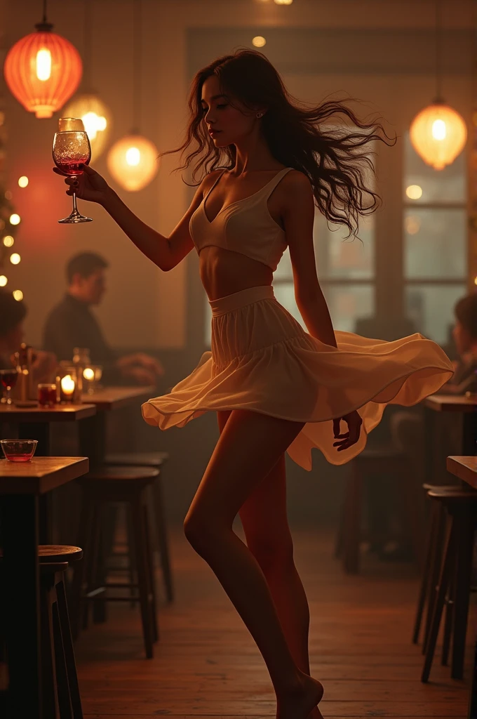 A girl dance with wine bottle 