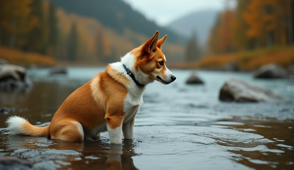 Yellow-orange and white dog looking down at the river in despair, realizing he has lost his bone and it drowned in river deeply and cannot get the other one."