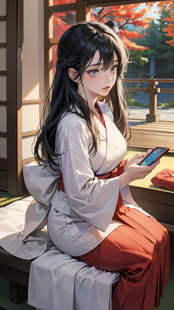 (perfect anatomy:1.2)(absurdres, highres, ultra detailed),masterpiece,best quality,high resolution,8k,Realistic face,Realistic skin texture,magnified textures, stunning clarity,detailed anime girl,(ultra detailed eyes and face),************,black long hair pale skin,Japanese shrine maiden, mysterious eyes,shrine maiden clothes,(white kimono),(red hakama:1.1) thin body type,big breasts,small ass,(playing a smartphone game with hands:1.5)(,gazing a  smarphone),expressionless,in the shrine,(seiza) (zabuton),(chabudai),tatami room,shoji lamp,engawa,(looking to a smartphone),,afternoon,cowboy shot,serene pose,Japanese garden,(Green sun)