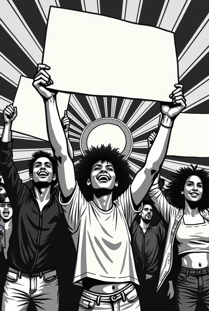 A striking monochromatic pop art illustration featuring a diverse group of LGBTQ+ individuals passionately protesting for equal human rights and diversity. The individuals are depicted with strong, expressive lines and bold, angular shapes, embodying love and unity. They hold blank banners, symbolizing the need for individual expression and creativity. The Art Deco-inspired background provides a sense of order amidst the chaos, with intricate patterns and lines intertwining with the protestors. The piece is adorned with graffiti and conceptual elements, adding depth and texture to the image. This powerful poster serves as an evocative reminder of the ongoing struggle for freedom, equality, and self-expression., graffiti, poster, conceptual art