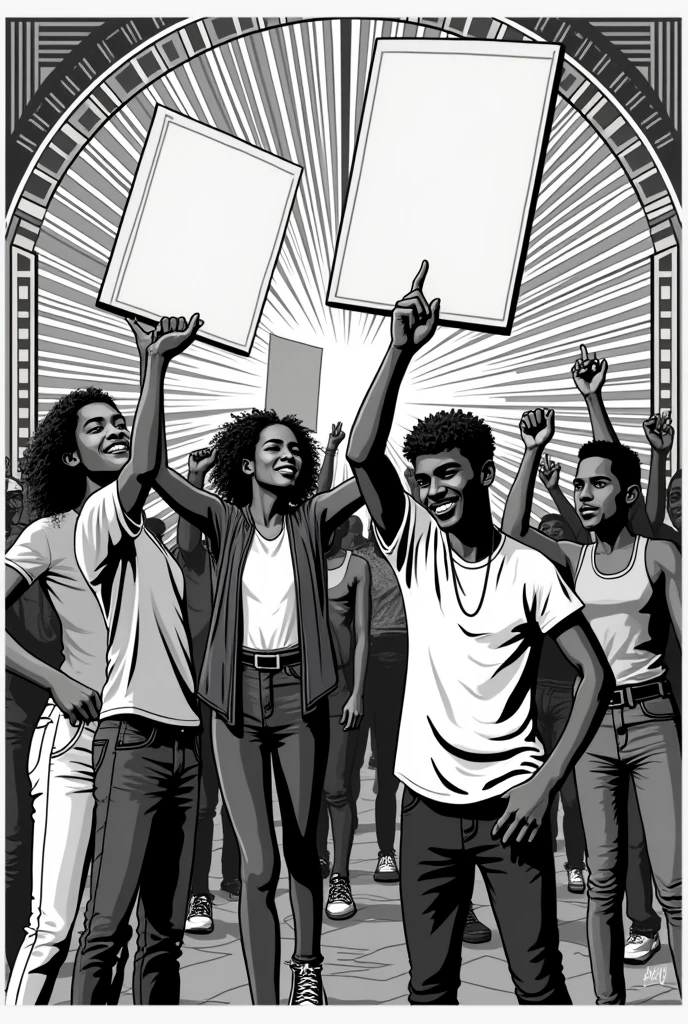 A striking monochromatic pop art illustration featuring a diverse group of LGBTQ+ individuals passionately protesting for equal human rights and diversity. The individuals are depicted with strong, expressive lines and bold, angular shapes, embodying love and unity. They hold blank banners, symbolizing the need for individual expression and creativity. The Art Deco-inspired background provides a sense of order amidst the chaos, with intricate patterns and lines intertwining with the protestors. The piece is adorned with graffiti and conceptual elements, adding depth and texture to the image. This powerful poster serves as an evocative reminder of the ongoing struggle for freedom, equality, and self-expression., graffiti, poster, conceptual art