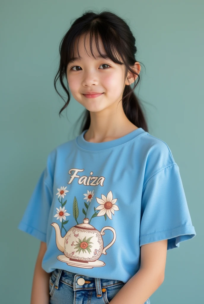 A more beautiful Japanese girl 15 years old wearing a blue t shirt named "Faiza" on shirt
and also flowers on tea shirt