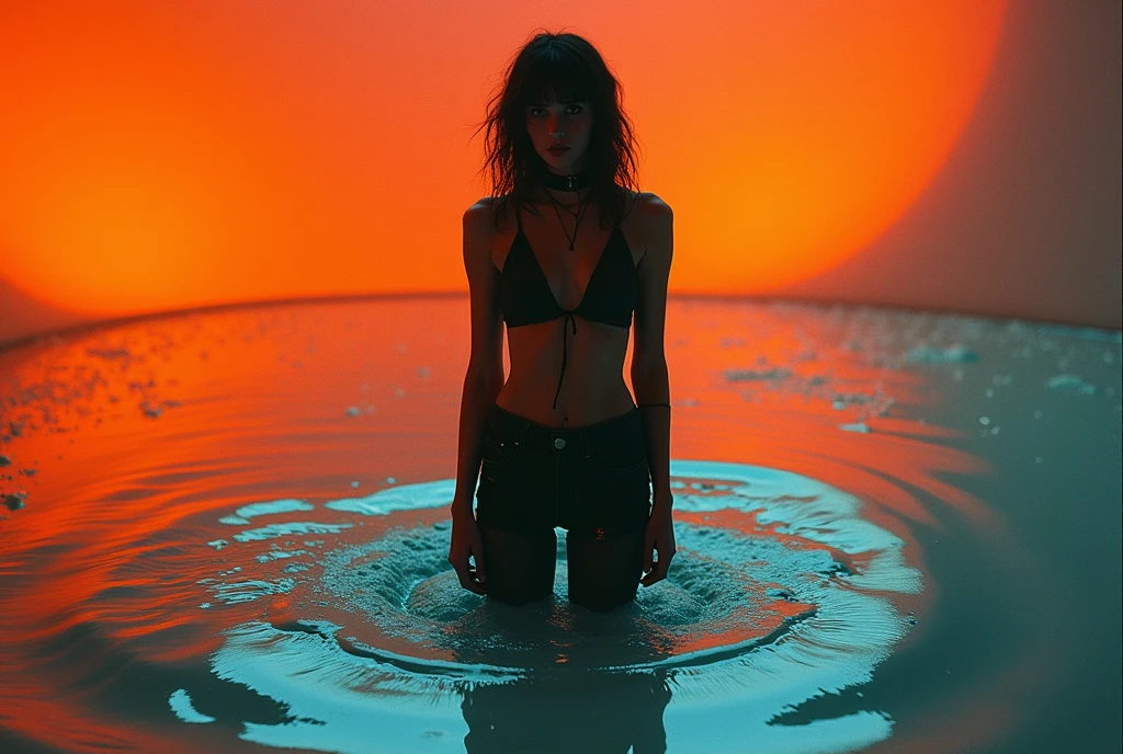 70s setting, grainy analog film, abstract art, stylish legend, epic artwork, conceptual art, fallen, drama, indulges in fetish, rubber black stockings, vintage liquid jeans cut-offs, t-shirt, slave collar, heels, kneeling in slime puddle, orange blue, black, void