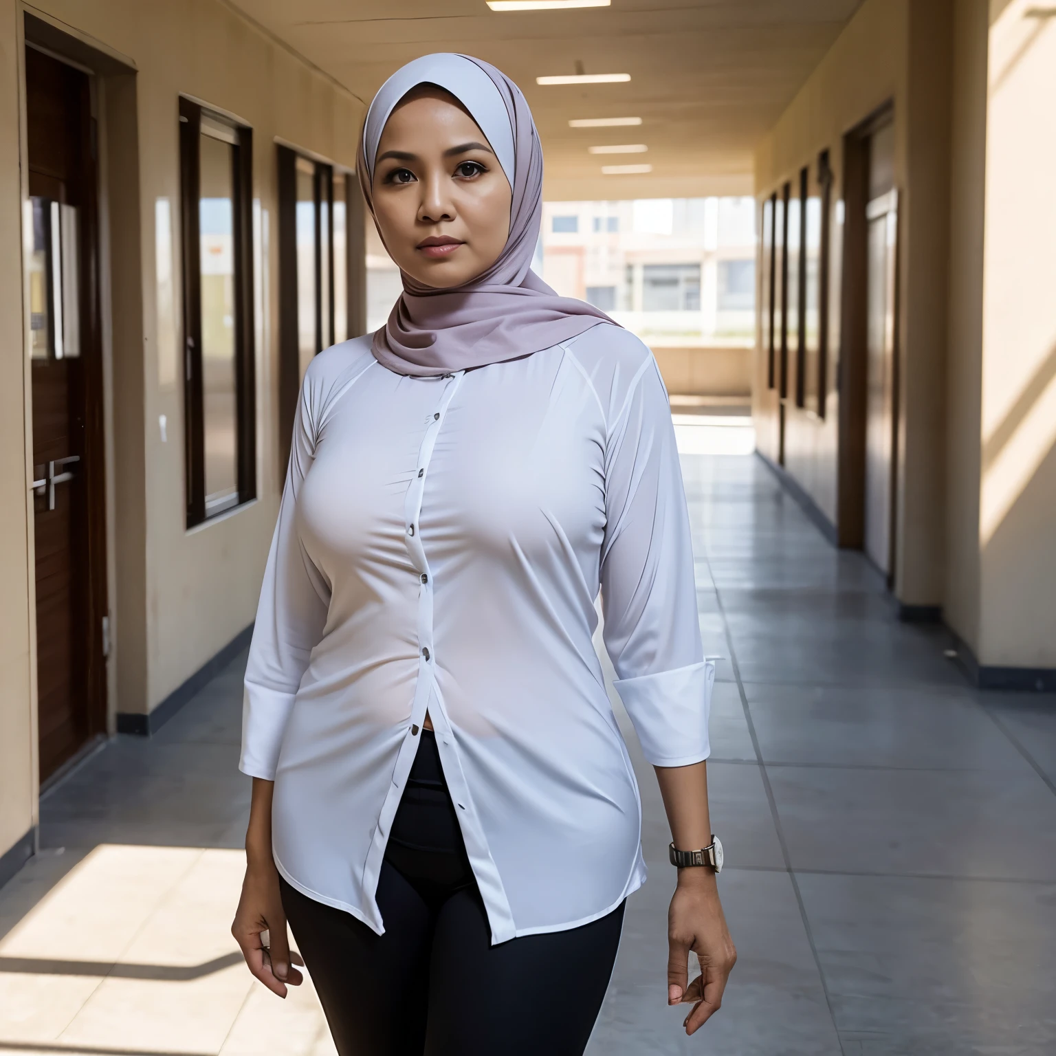 52 years Old, Hijab Indonesian mature woman, Big : 96.9, Long-sleeveles Shirt, Slim body, Breast about To burst out, at School Corridor, Bright light, at Daytime