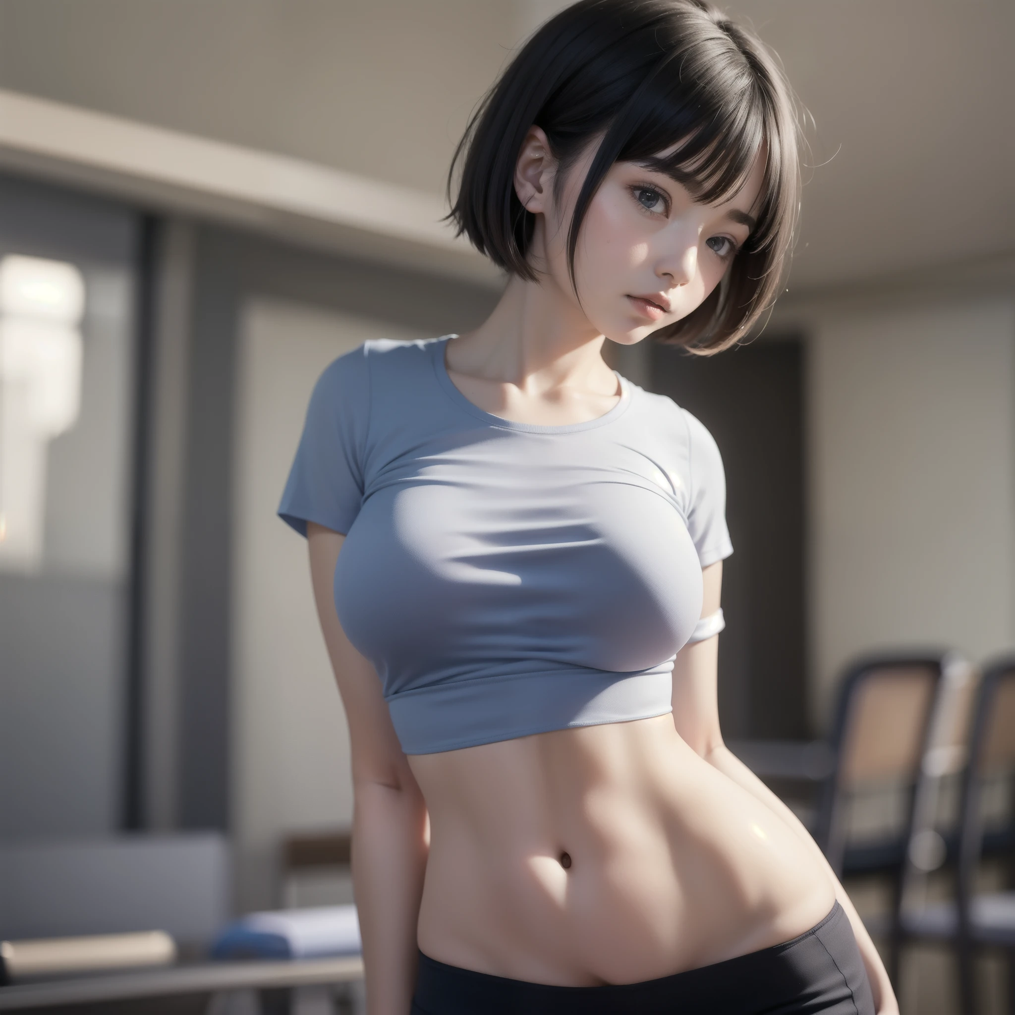 (8k, RAW photos, highest quality, masterpieces: 1.2), (realistic, photorealistic: 1.37),
Natural, Ultra High Resolution, Super Detail, Ultra Detail,
Detail Skin, Sharp Focus, Bokeh, Glossy Texture, Depth of Field, Glossy Hair, Glossy Skin BREAK
1 girl, Japan person, solo, child, (16 years: 1.6), young girl, baby face, smooth skin, no makeup,
Bob cut, black hair, black eyes, glowing eyes Break
Big, big breasts, curvaceous, gym clothes, white shirt, short sleeves, crop top, (red panties: 1.2), low leg, low leg panties, groin, thigh gap, back arm, : o, (school, classroom), standing, cowboy shot, watch viewer Break
Break, dark blue bloomers