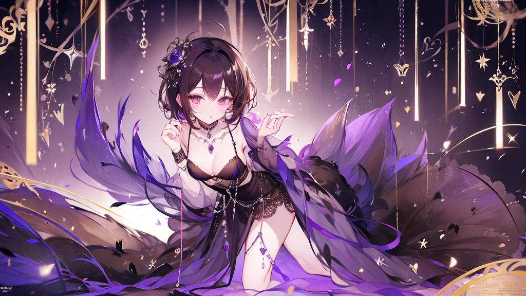 score_9, score_8_Excellent, score_7_Excellent, score_6_Excellent, score_5_Excellent, score_4_Excellent, Yuhee, brown eye, black hair, length hair, Large , Mature One Girl, length_hair, blush, Sweat, purple_eye, brown_hair, lips, purple_hair, alone, dress, length dress, jewelry, Expose your shoulders, loose dress, room、bed、Sexy pose、 Sutive Date, clavicle 、short hair、On all fours、lick、Hunchback、night