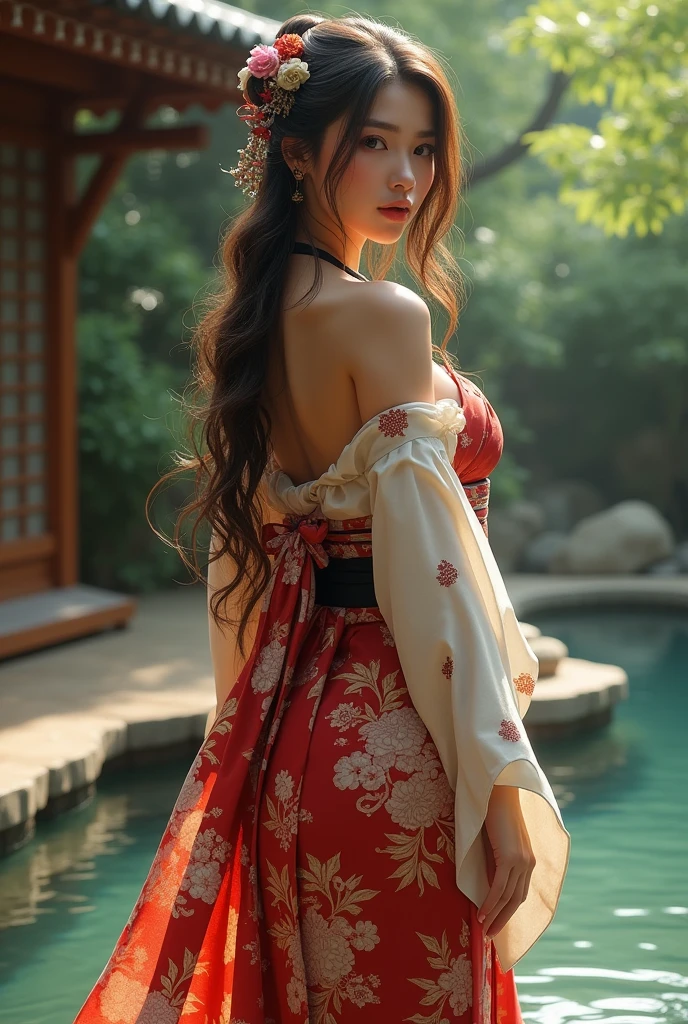 Young woman,​Twenty-five years old, Beautiful face, long brown hair, Wearing ancient Japanese clothing, Big chest, Thin waist, Big butt,​ Onsen, 3D realistic style
