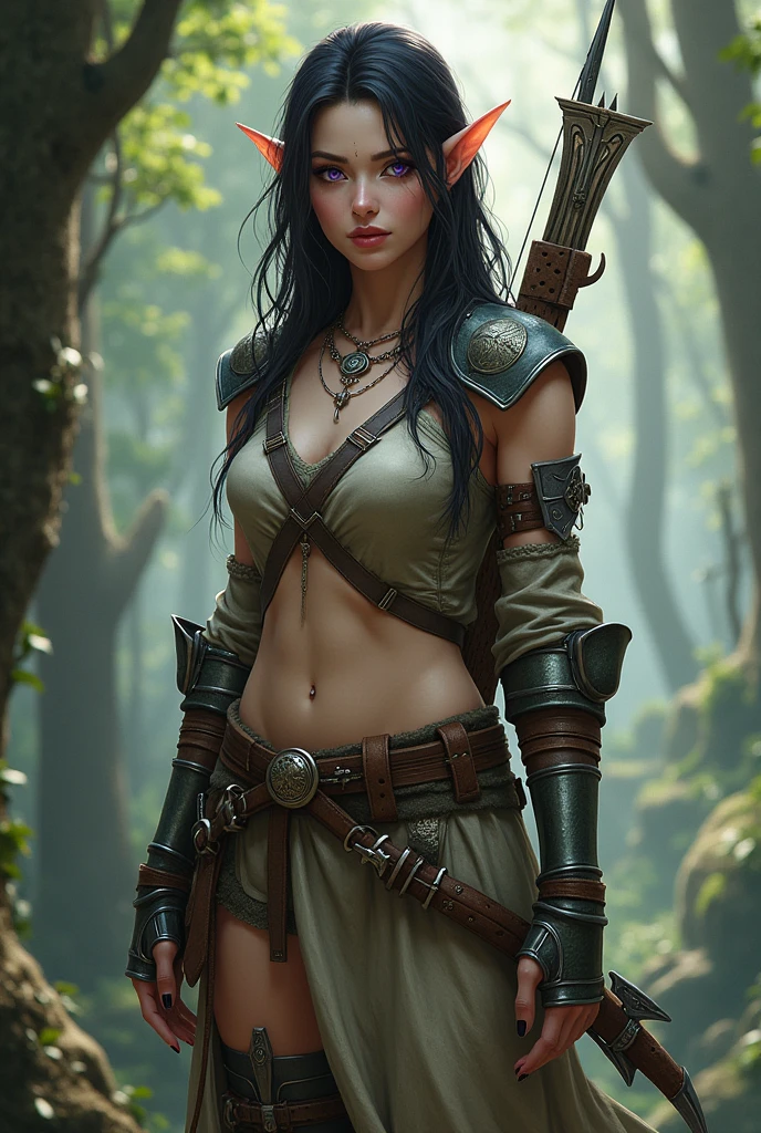 A beautiful elven female ranger from dungeons and dragons, she has dark hair and purple eyes. She carries a longbow and arrows, has three daggers, one in her waist, one in her thigh and one in her boot, has light armor. He has white skin with visible scars on his body.
Scars on his body
More clothes