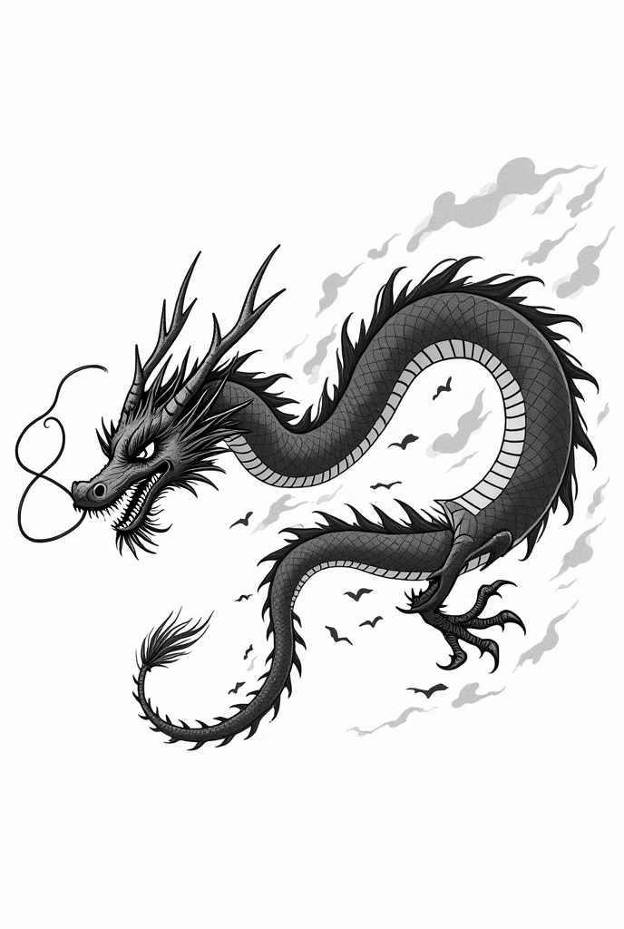 Black and white manga style drawing of a Japanese dragon flying horizontally with realistic details 