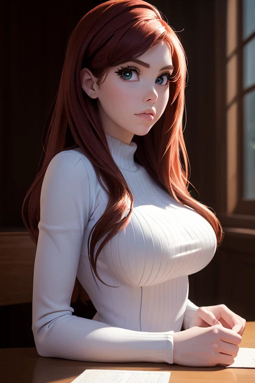 ((Best quality, masterpiece, ultra high resolution)) , shot Behind, Thick, view Behind, better known as amouranth, next to the big window, looking Behind, great view, close-up shot Behind, lit Behind, seen Behind, sitting on the table, Behind, stunning view, sitting on the table