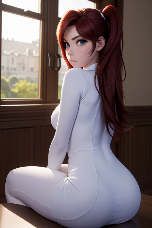 ((Best quality, masterpiece, ultra high resolution)) , shot Behind, Thick, view Behind, better known as amouranth, next to the big window, looking Behind, great view, close-up shot Behind, lit Behind, seen Behind, sitting on the table, Behind, stunning view, sitting on the table