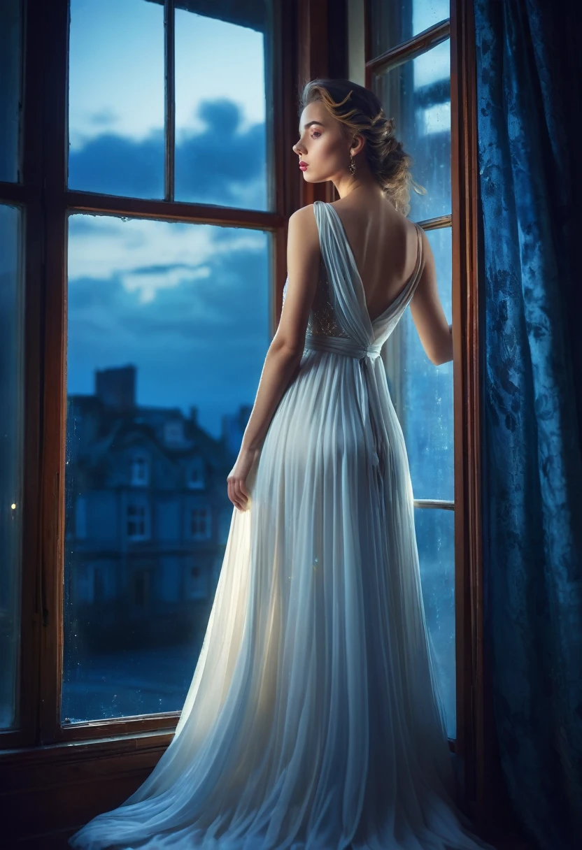 arafed woman in a dress standing in front of a window, a picture by Marie Bashkirtseff, shutterstock, romanticism, half-turned lady in evening gown, flowing gown, wearing a flowing dress, mysterious woman, haunting beautiful young woman, wearing a white flowing dress, flowing dress, woman in dress, extremely moody blue lighting, miss aniela
