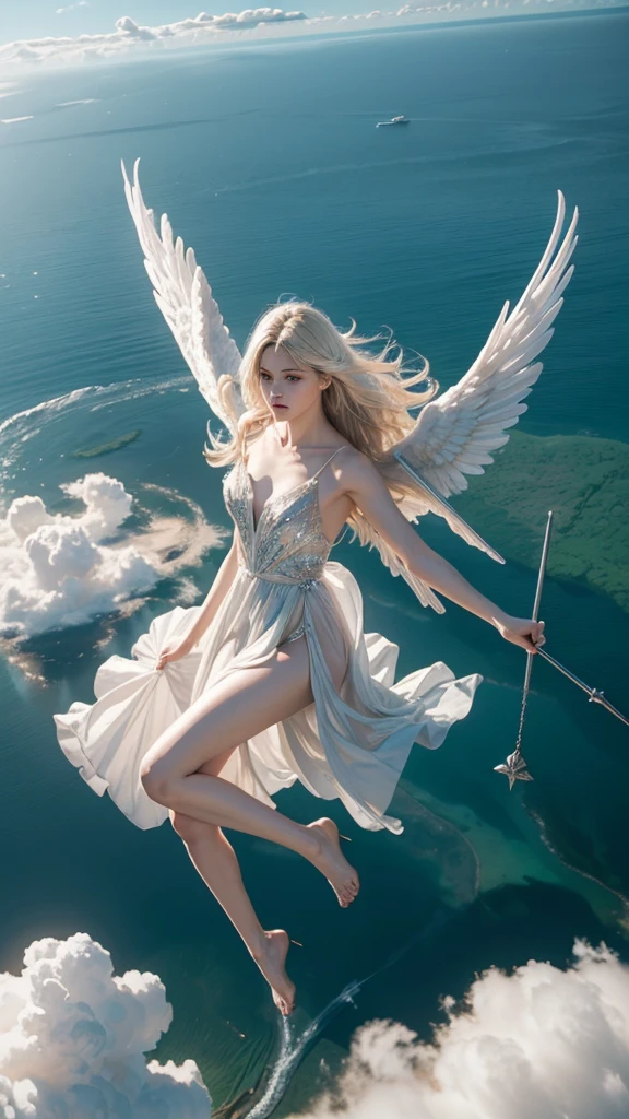 ((A serene summer scene with an ultra-high-definition, realistic angel flying gracefully in the sky)), The angel is facing towards the camera with lifelike facial features and detailed textures, The angel has intricately detailed white wings, fully extended as it soars through the air in an elegant, natural pose, The angel has platinum blonde hair flowing gently in the wind, with realistic light reflections and highlights, emphasizing the sensation of movement, The angel is dressed in a flowing white outfit, adding a sense of purity and grace, The angel holds a silver staff, adding a touch of mystique and power, The theme color of the scene is blue, reflected in the angel's attire, the sky, and the overall color palette The background features a clear summer sky with a soft, highly detailed rainbow arching across it, enhancing the feeling of wonder and beauty, ((The scene takes place in a celestial world, with floating islands and ethereal clouds, adding a magical and otherworldly atmosphere Soft, white clouds accompany the rainbow, adding depth to the sky)), Below, a green land and blue ocean are visible from a high angle, with realistic lighting and shadows, The landscape features gently rolling hills and a distant, vividly detailed sea, as seen from a high vantage point in this sky-bound world, The image is captured in a vertical 9:16 aspect ratio, emphasizing ultra-realistic textures, depth, and the dynamic nature of flight in a heavenly realm,"full-body shot","elegant attire"