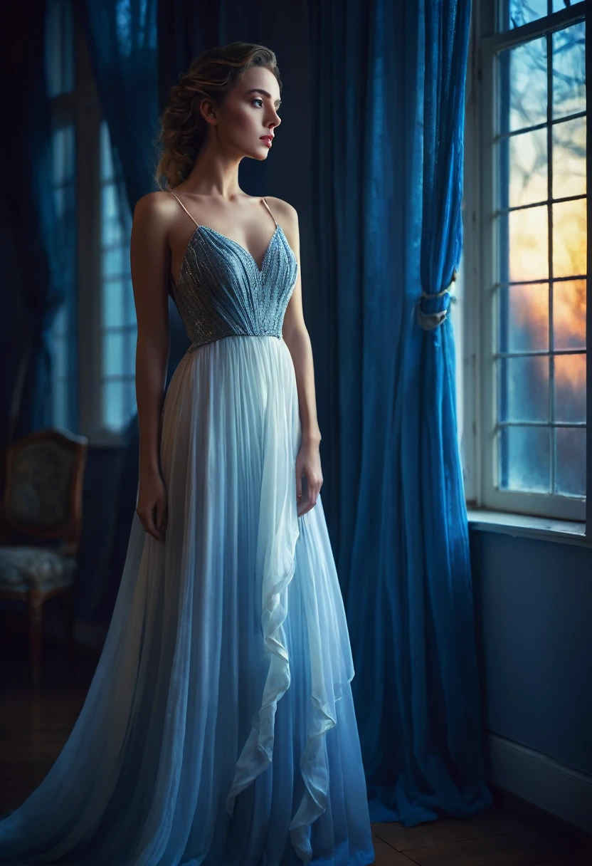 arafed woman in a dress standing in front of a window, a picture by Marie Bashkirtseff, shutterstock, romanticism, half-turned lady in evening gown, flowing gown, wearing a flowing dress, mysterious woman, haunting beautiful young woman, wearing a white flowing dress, flowing dress, woman in dress, extremely moody blue lighting, miss aniela
