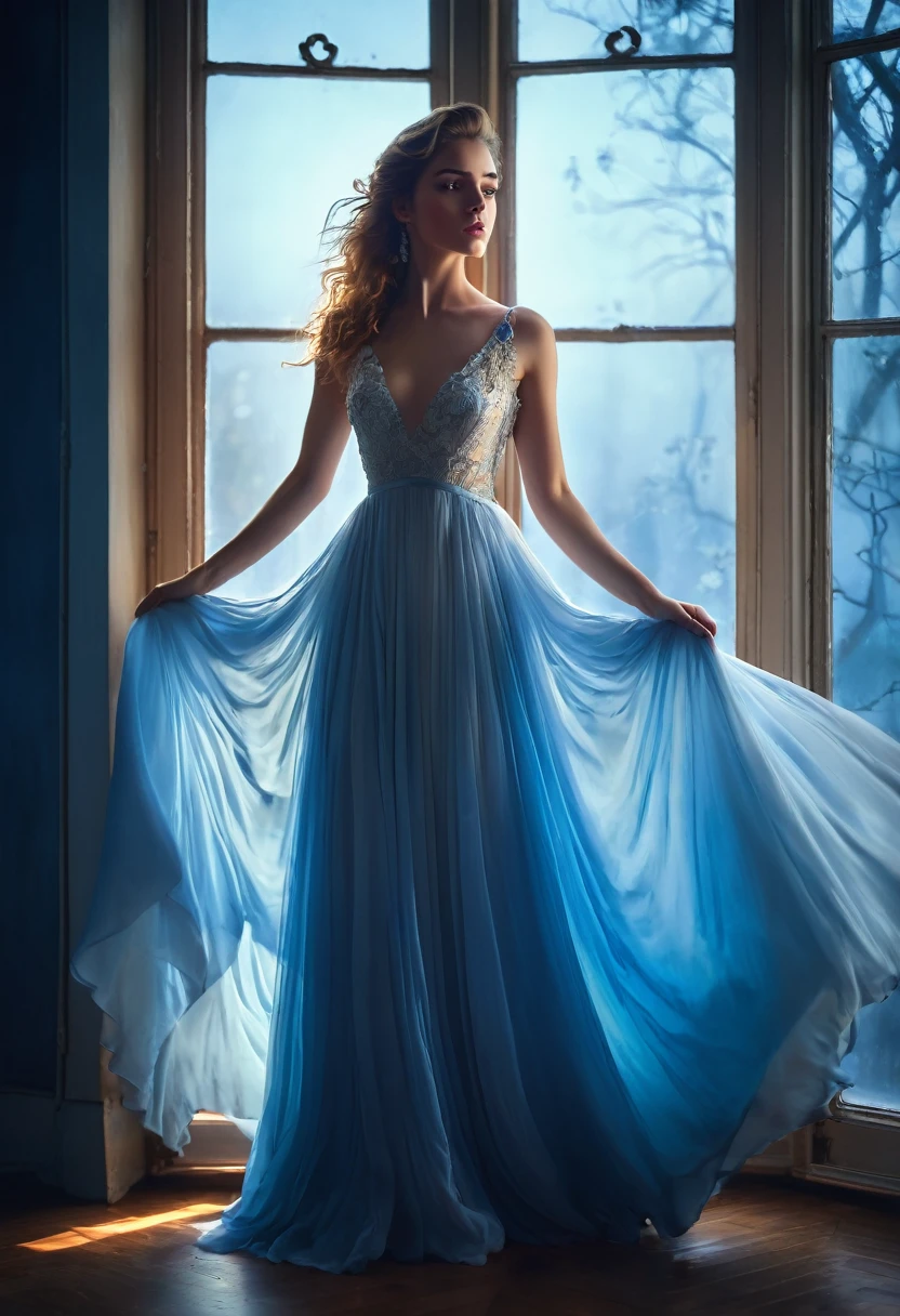 arafed woman in a dress standing in front of a window, a picture by Marie Bashkirtseff, shutterstock, romanticism, half-turned lady in evening gown, flowing gown, wearing a flowing dress, mysterious woman, haunting beautiful young woman, wearing a white flowing dress, flowing dress, woman in dress, extremely moody blue lighting, miss aniela