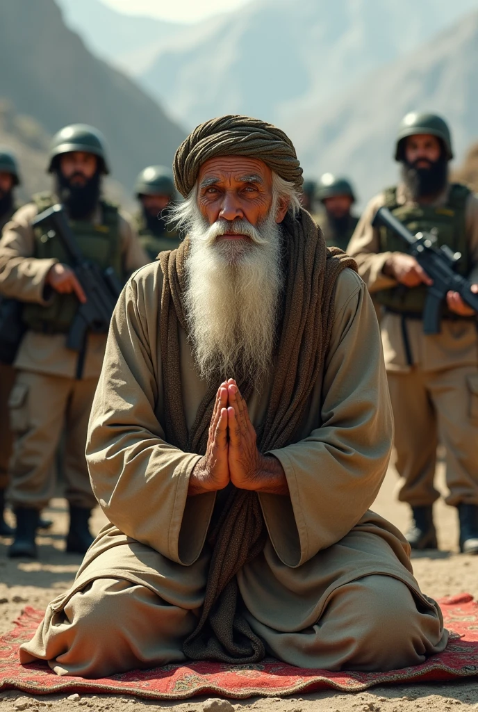 A Baloch old man offering prayer and armed forces surrounding him