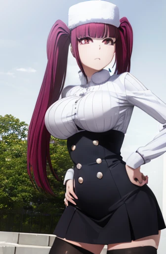 (masterpiece, Detailed Image,detailed picture) Sexy Riruka Dokugamine in her dress and hat, bleach girl, top quality, 16 thousand, ultra-detailed, black stockings, girl stands posing with her hand on her waist, beautiful Riruka Dokugamine, Big breasts, bitch face, attention to the tight stockings