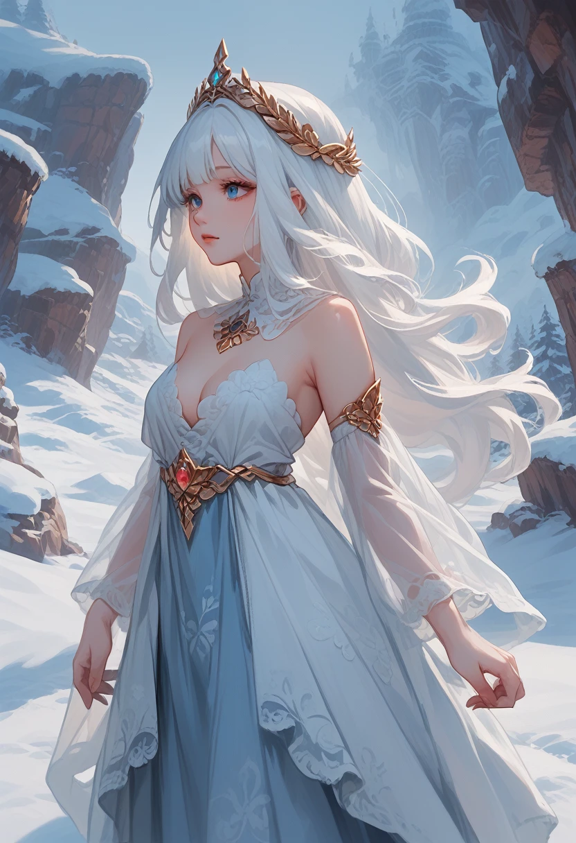 Anime girl with long white hair and blue dress in the snow, white-haired deity, white hair floating in the air, Anime fantasy illustration, Loose white hair, beautiful young spirit of the wind, beautiful fantasy anime, glowing flowing hair, Ethereal anime, beautiful anime works, beautiful digital images, anime fantasy artwork, ((fair empress fantasy)), 2. 5 d cgi anime fantasy artwork,cinematic film still,score_9,score_8_up,score_7_up,masterpiece,best quality,8k,source_cartoon,source_アニメ,Shine