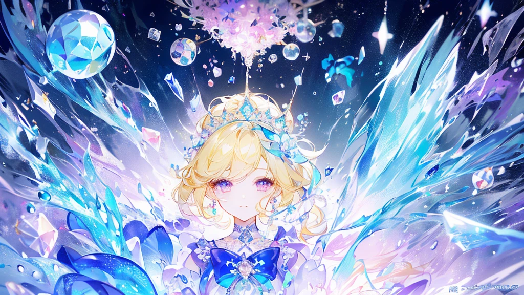 (Highest quality, masterpiece, Very detailedな, Very detailed, Exquisite, 16K,Full HD),A little closer,Golden Ratio,Dramatic lighting,pastel colour,moonlight, seems to be happy,fly in the sky,Soft lighting, ((alone:1.5)),full moon,Starry Sky,meteor群,meteor,From above,((head shot)),The screen is filled with jewels,(Crystal Forest),The Magic of Gemstones,(Fairy Princess, Purple eyes, Long eyelashes,White skin,slim,pale pink plump lips,Pale pink cheeks, The wind is blowing,blonde,thin and long,(thin and high nose,Small Nose),(腰の少しFrom above巨大な妖精の羽),Flower Magic,aquamarine and diamond tiara,Aquamarine Diamond Earrings,Aquamarine and Diamond Earrings,Aquamarine and Diamond Choker,White ball gown dress with aquamarine and diamonds, Lace and frills,(smile:1.2), (Fantasy, Romantic atmosphere), water飛沫,漂うwater,Magic Light,(waterの魔法,Soap bubble),bubble,water,waterを操る,waterbubble