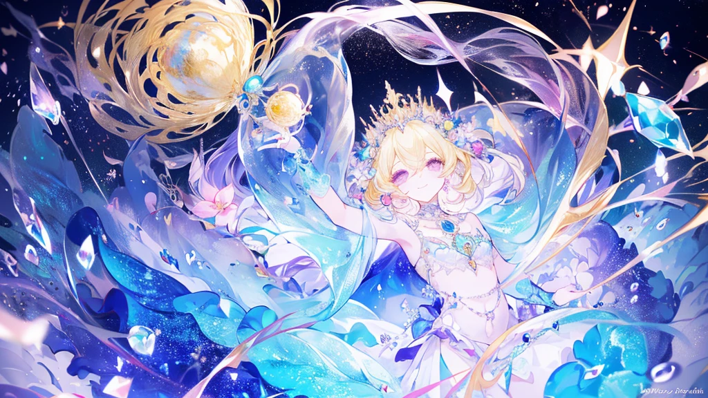 (Highest quality, masterpiece, Very detailedな, Very detailed, Exquisite, 16K,Full HD),A little closer,Golden Ratio,Dramatic lighting,pastel colour,moonlight, seems to be happy,fly in the sky,Soft lighting, ((alone:1.5)),full moon,Starry Sky,meteor群,meteor,From above,((head shot)),The screen is filled with jewels,(Crystal Forest),The Magic of Gemstones,(Fairy Princess, Purple eyes, Long eyelashes,White skin,slim,pale pink plump lips,Pale pink cheeks, The wind is blowing,blonde,thin and long,(thin and high nose,Small Nose),(腰の少しFrom above巨大な妖精の羽),Flower Magic,aquamarine and diamond tiara,Aquamarine Diamond Earrings,Aquamarine and Diamond Earrings,Aquamarine and Diamond Choker,White ball gown dress with aquamarine and diamonds, Lace and frills,(smile:1.2), (Fantasy, Romantic atmosphere), water飛沫,漂うwater,Magic Light,(waterの魔法,Soap bubble),bubble,water,waterを操る,waterbubble