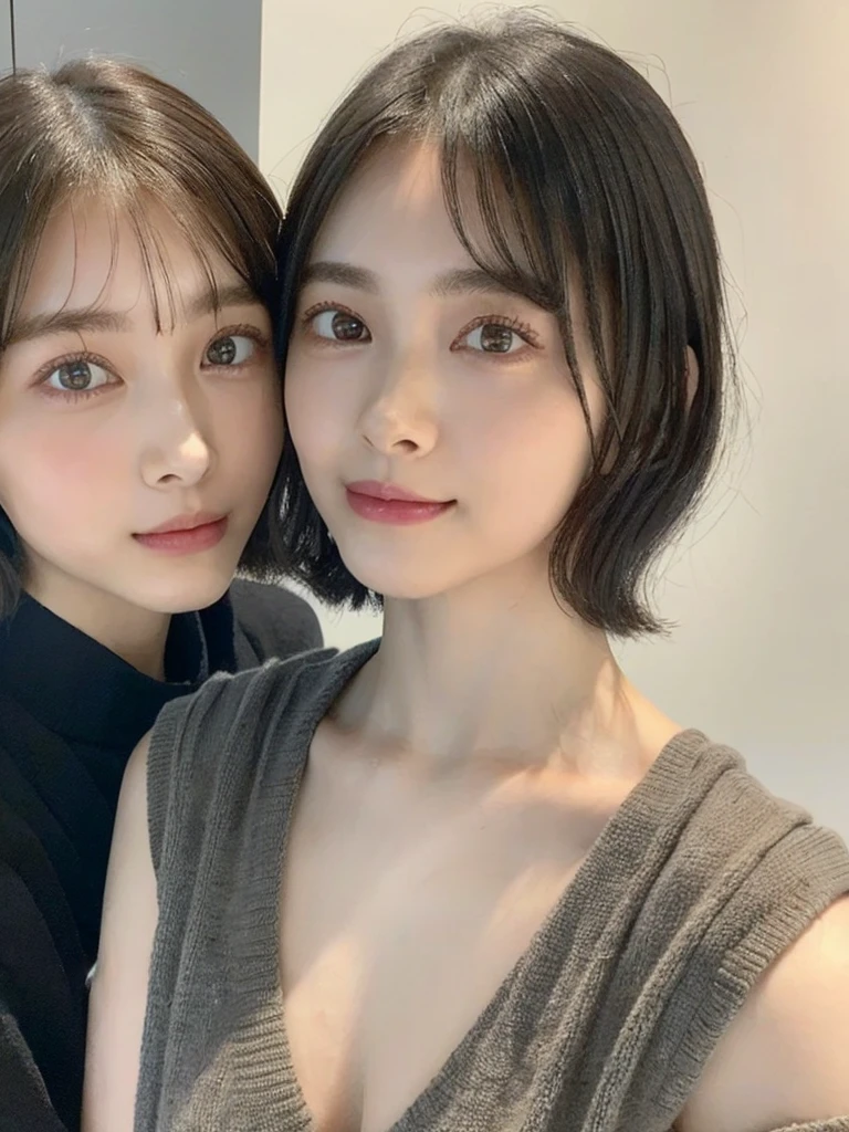 (masterpiece:1.3), (8k, Photoreal, Raw photo, best image quality: 1.4), Japanese high school girl、(random hairstyle:1.2)、cleavage:1.5、super detail face、eye for details、double eyelid、chest to chest、sharp focus:1.2、Beautiful woman:1.4、light brown hair、highest quality、masterpiece、超A high resolution、(Photoreal:1.4)、Highly detailed and professionally lit smiles、loose and light knitwear、shoulder out、thin、serious expression、short haired、deadly position
similar identical twins
All the girls have the exact same face, The two have the same face and figure, as if they were mirror images.